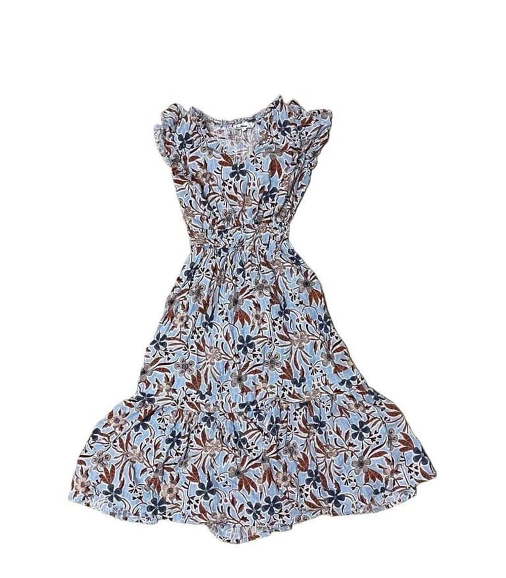 Sam Edelman Kenna Midi Dress Size XS Blue Floral Print Ruffle Sleeve